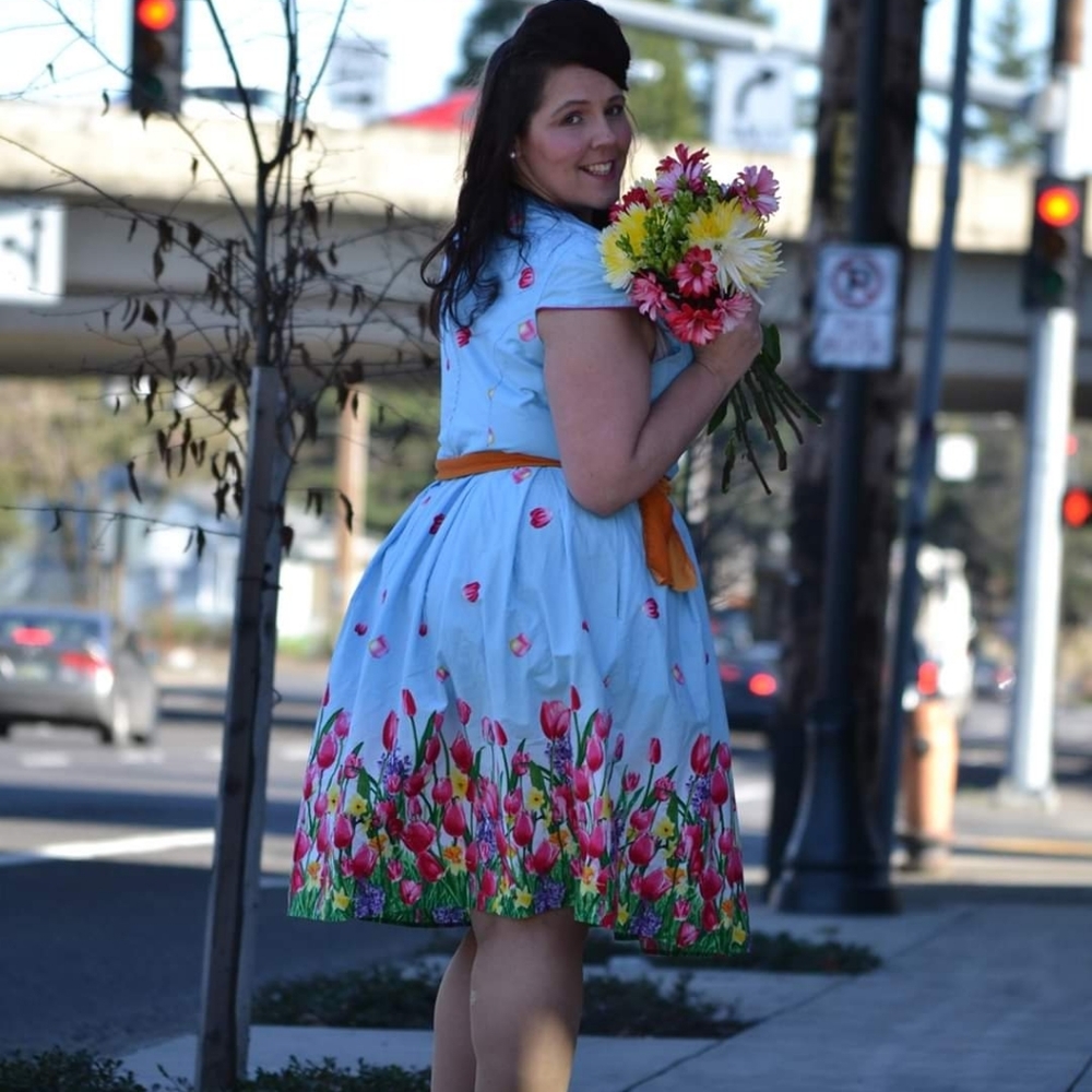 Hell Bunny Tulip Flower Blue Fit and Flare Dress